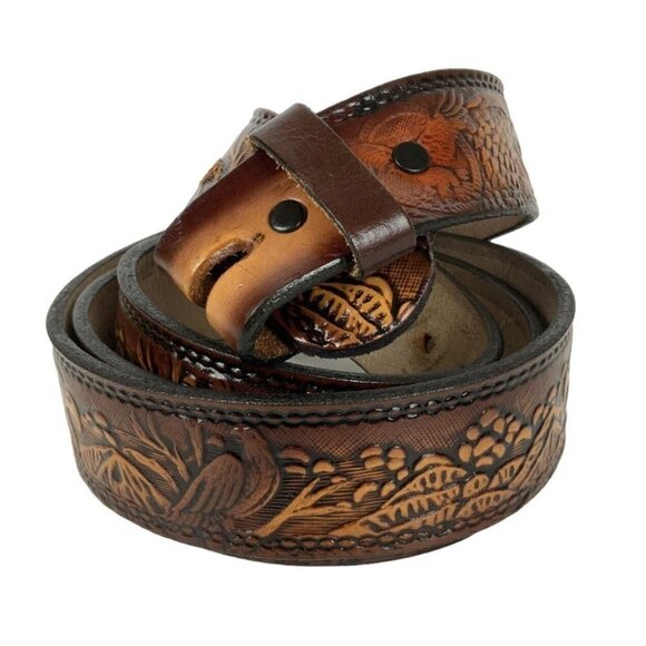 Handtooled Leather Western Belt Size 48 Brown Embossed Eagles Cowboy Rodeo - Picture 1 of 6